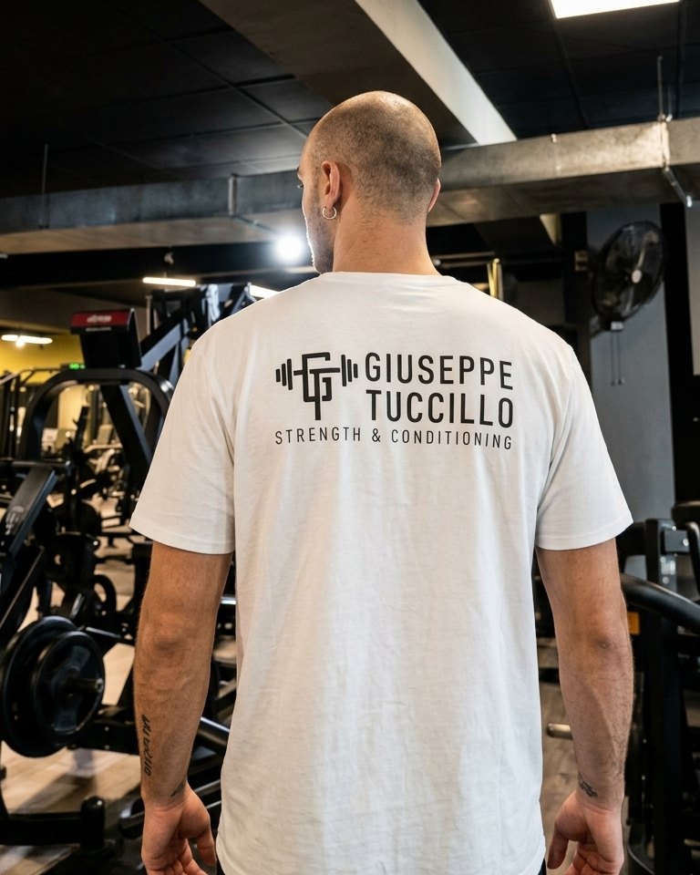 Giuseppe Tuccillo di spalle, in maglietta bianca con il suo logo, in una sala pesi